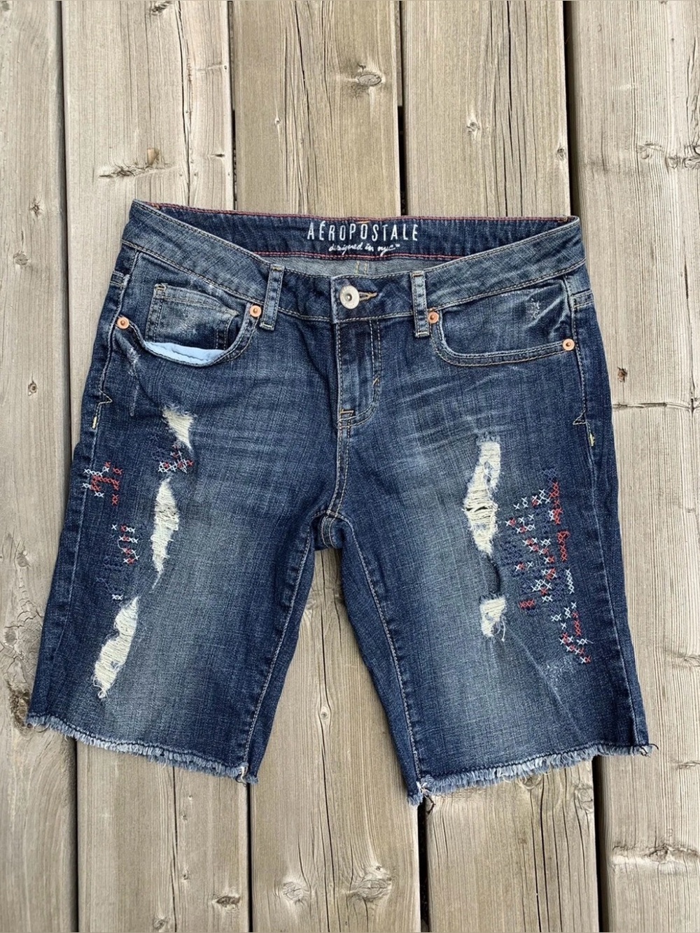 Aeropostale Denim Fringe Distressed Embroidered Bermuda Shorts Size 6